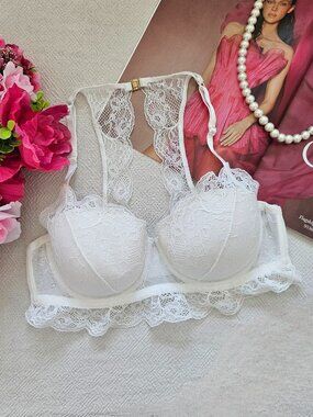 White Floral Lace Racerback Bra - Size 34 (Fits B-C Cup)